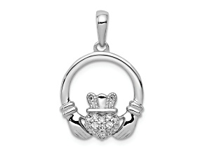 Rhodium Over 14k White Gold Diamond Claddagh Circle Pendant