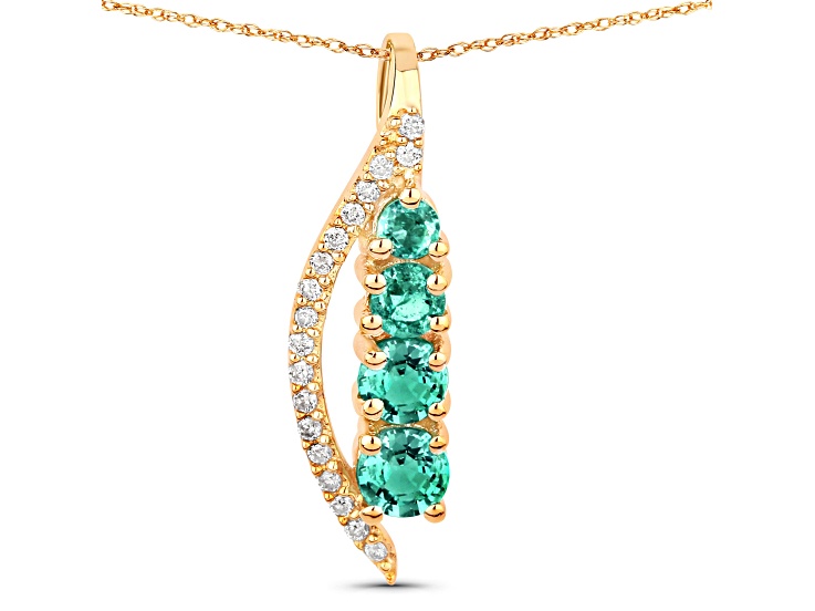 Green Genuine Zambian Emerald and White Diamond 14K Yellow Gold May Birthstone Necklace For Women