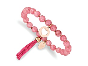 Rose Stainless Steel Polished  Heart with Tassel Pink Jade Beaded Bracelet
