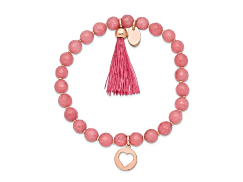 Rose Stainless Steel Polished  Heart with Tassel Pink Jade Beaded Bracelet