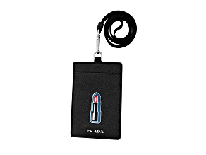 Prada Lipstick Plaque Black Saffiano Leather ID Cardholder Lanyard