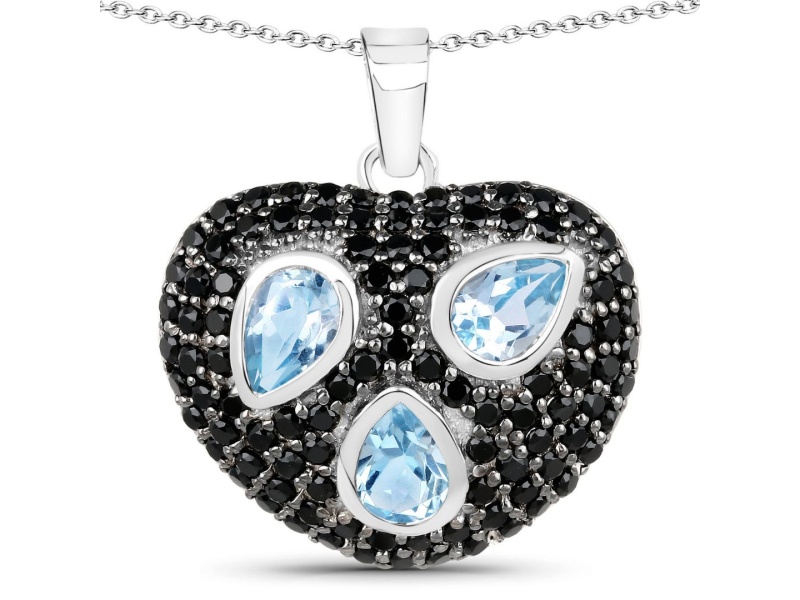 Blue Topaz Black Spinel Rhodium Over Sterling Silver Cluster Heart Necklace 3.52ctw