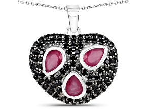 Red Ruby Black Spinel Rhodium Over Sterling Silver Cluster Heart Necklace 3.28ctw