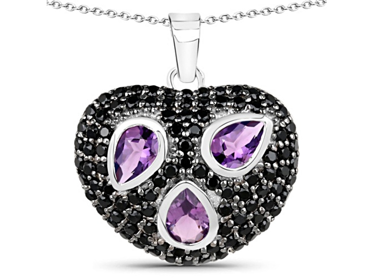 Purple Amethyst Black Spinel Rhodium Over Sterling Silver Cluster Heart Necklace 3.19ctw