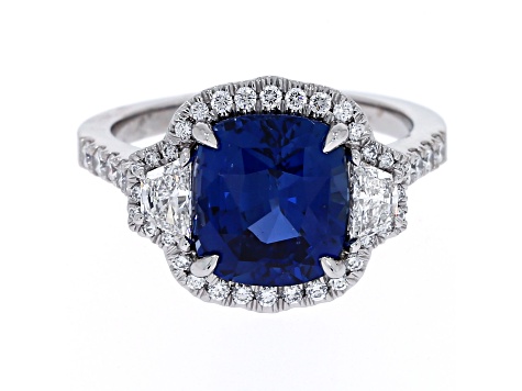 Cushion Blue Sapphire and White Diamond Platinum Ring. 5.33 CTW