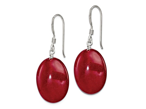 Sterling Silver Polished Red Jadeite Oval Dangle Earrings
