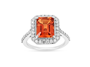 Rhodium Over Sterling Silver Lab Created Padparadscha Sapphire and Moissanite Ring 3.16ctw