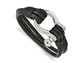 Picture of Black Leather and Stainless Steel Polished Multi Strand 8.5-inch Shackle Bracelet
