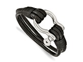 Black Leather and Stainless Steel Polished Multi Strand 8.5-inch Shackle Bracelet