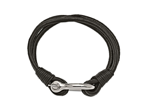 Black Leather and Stainless Steel Polished Multi Strand 8.5-inch Shackle Bracelet