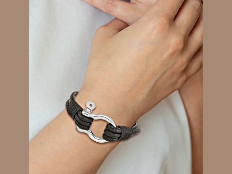 Black Leather and Stainless Steel Polished Multi Strand 8.5-inch Shackle Bracelet