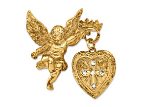 Symbols Of Faith Gold-tone Angel with 20mm Dangle Heart Crystal Cross Locket Brooch Pin