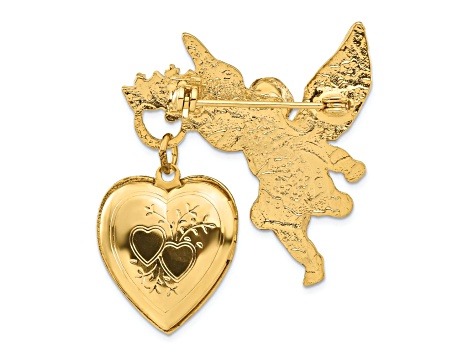 Symbols Of Faith Gold-tone Angel with 20mm Dangle Heart Crystal Cross Locket Brooch Pin
