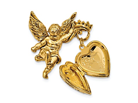 Symbols Of Faith Gold-tone Angel with 20mm Dangle Heart Crystal Cross Locket Brooch Pin
