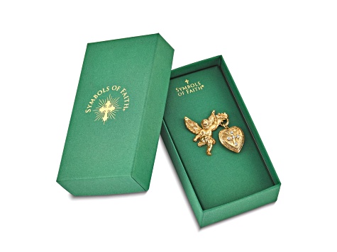 Symbols Of Faith Gold-tone Angel with 20mm Dangle Heart Crystal Cross Locket Brooch Pin