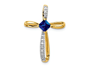 14K Two-tone Gold  Lab Created Sapphire/Diamond Cross Slide Pendant