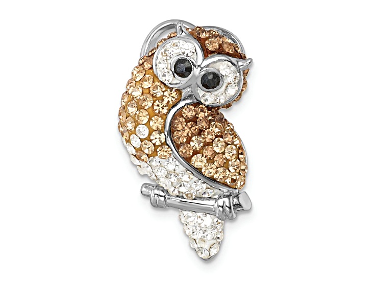 Rhodium Over Sterling Silver Polished Crystal Owl Slide Pendant