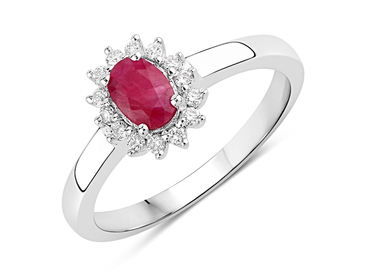 Mozambique Ruby and Lab Grown Diamond Rhodium Over Silver Halo Ring 0.66ctw