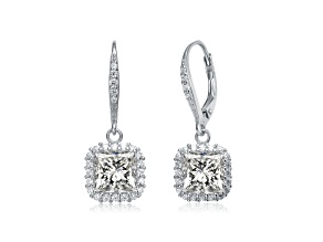 Clear Square Cubic Zirconia, Rhodium Plated over Sterling Silver Leverback Drop Earrings