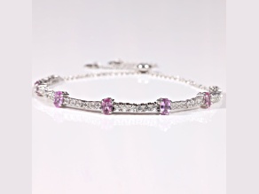 Rhodium Over Sterling Silver Oval Pink Sapphire and White Zircon Bolo Bracelet 1.1ctw