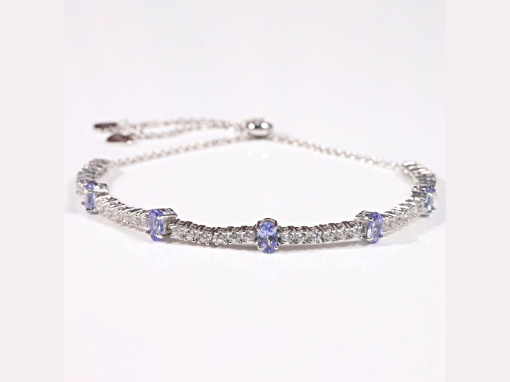 Rhodium Over Sterling Silver Oval Tanzanite and White Zircon