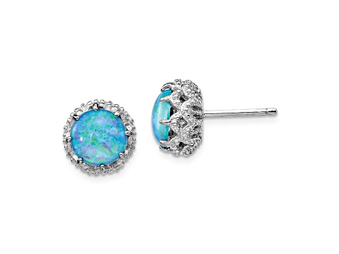 Rhodium Over Sterling Silver Lab Created Blue Opal and Cubic Zirconia Stud Earrings