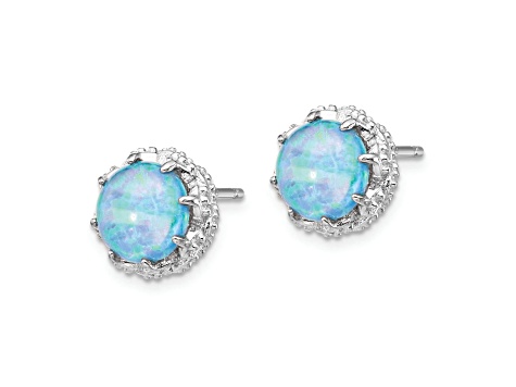 Rhodium Over Sterling Silver Lab Created Blue Opal and Cubic Zirconia Stud Earrings
