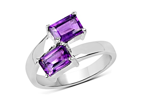 Rectangular Octagonal Amethyst Rhodium Over Sterling Silver Bypass Ring 2ctw