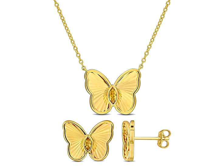 Citrine Yellow Plated Sterling Silver Butterfly Earrings and Necklace Set 0.3ctw