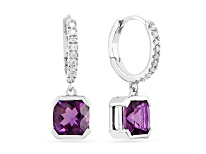 Square Cushion Amethyst with Moissanite Accents Rhodium Over Sterling Silver Halo Drop Earrings