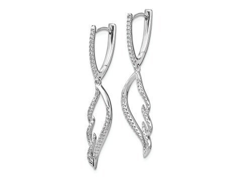 Rhodium Over 14k White Gold Diamond Wing Hinged Hoop Dangle Earrings