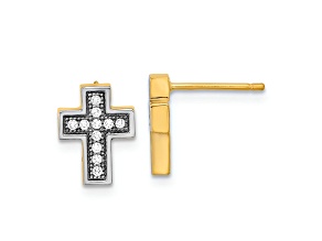 14K Yellow Gold and Rhodium Over 14K Yellow Gold Micro Pave Cubic Zirconia Cross Stud Earrings