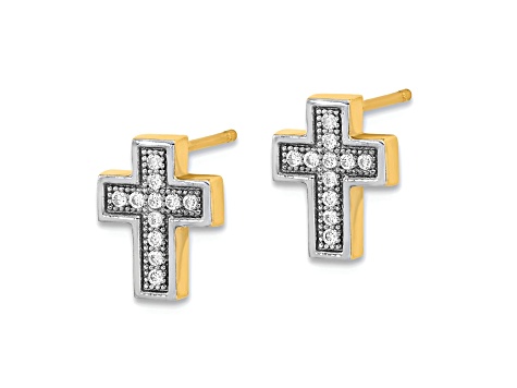 14K Yellow Gold and Rhodium Over 14K Yellow Gold Micro Pave Cubic Zirconia Cross Stud Earrings