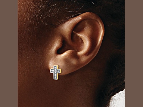 14K Yellow Gold and Rhodium Over 14K Yellow Gold Micro Pave Cubic Zirconia Cross Stud Earrings