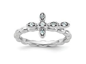 Rhodium Over Sterling Silver Stackable Expressions Cross Aquamarine Ring 0.10ctw