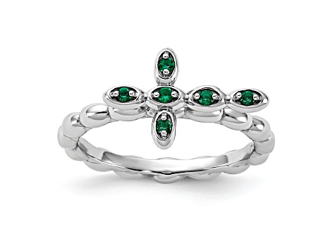 Rhodium Over Sterling Silver Stackable Expressions Cross Lab Created Emerald Ring 0.10ctw