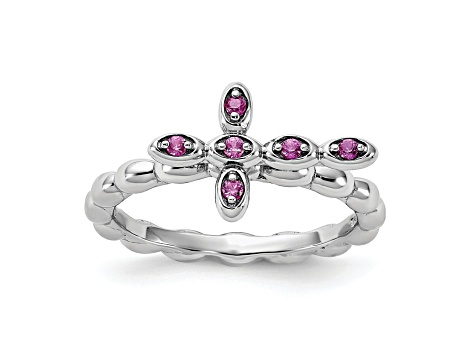 Rhodium Over Sterling Silver Stackable Expressions Cross Lab Created Ruby Ring 0.14ctw