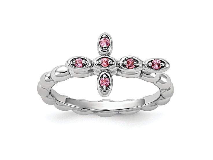 Rhodium Over Sterling Silver Stackable Expressions Cross Pink Tourmaline Ring 0.1ctw