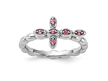 Picture of Rhodium Over Sterling Silver Stackable Expressions Cross Pink Tourmaline Ring 0.1ctw