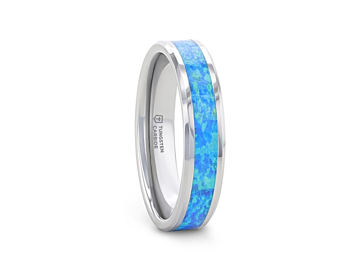 QUASAR Tungsten Wedding Band with Blue Green Opal Inlay 4mm