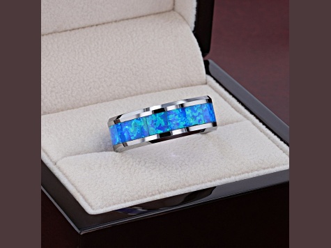 QUASAR Tungsten Wedding Band with Blue Green Opal Inlay 6mm