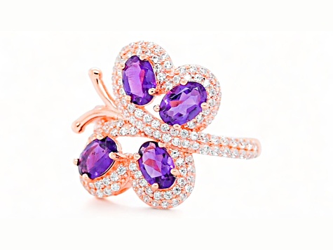 6x4mm Oval Amethyst and White CZ 18K Rose Gold Over Sterling Silver Ring, 1.50ctw