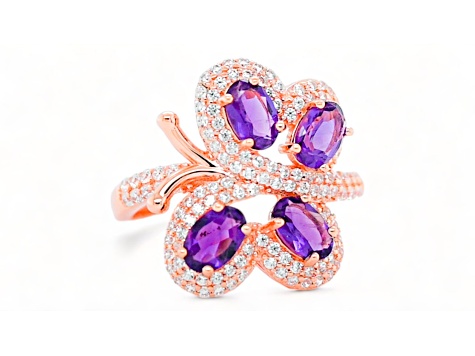 6x4mm Oval Amethyst and White CZ 18K Rose Gold Over Sterling Silver Ring, 1.50ctw