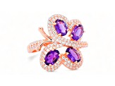 6x4mm Oval Amethyst and White CZ 18K Rose Gold Over Sterling Silver Ring, 1.50ctw