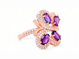 6x4mm Oval Amethyst and White CZ 18K Rose Gold Over Sterling Silver Ring, 1.50ctw