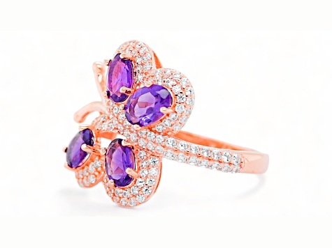 6x4mm Oval Amethyst and White CZ 18K Rose Gold Over Sterling Silver Ring, 1.50ctw