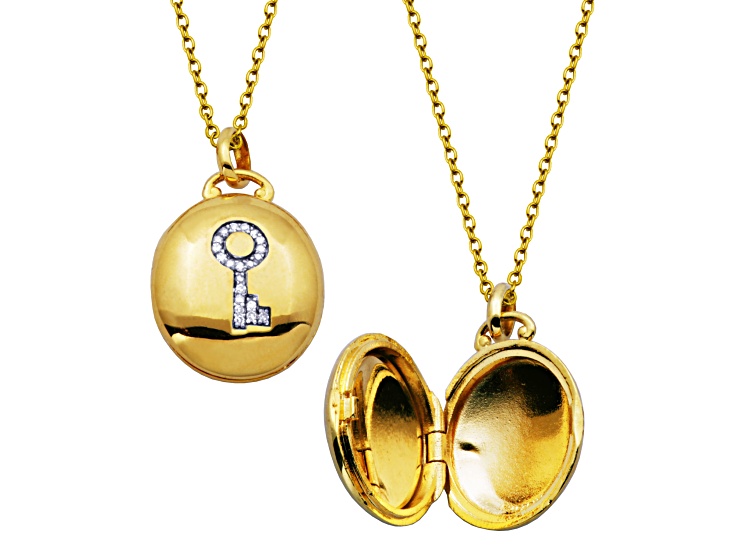 White Cubic Zirconia 18k Yellow Gold Over Brass Key Locket Pendant With Chain 0.11ctw