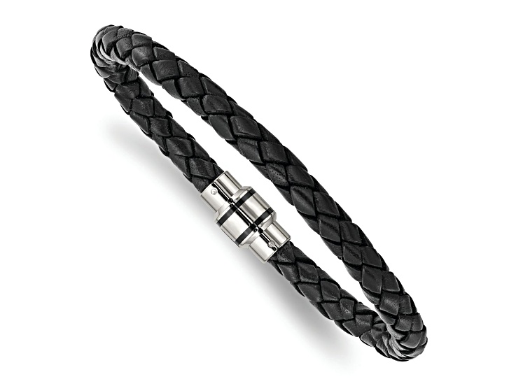 Stainless Steel Polished Black Ion Plated Black Woven Leather Bracelet
