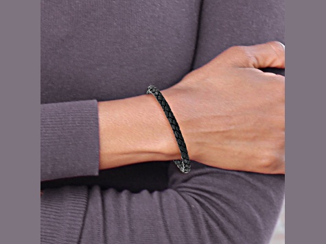 Stainless Steel Polished Black Ion Plated Black Woven Leather