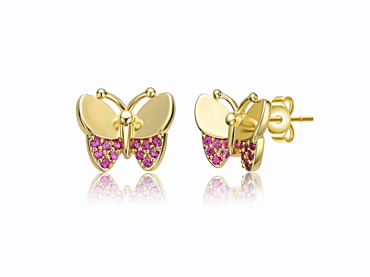 Ruby Cubic Zirconia, Kids 14k Gold Plated Butterfly Stud Earrings